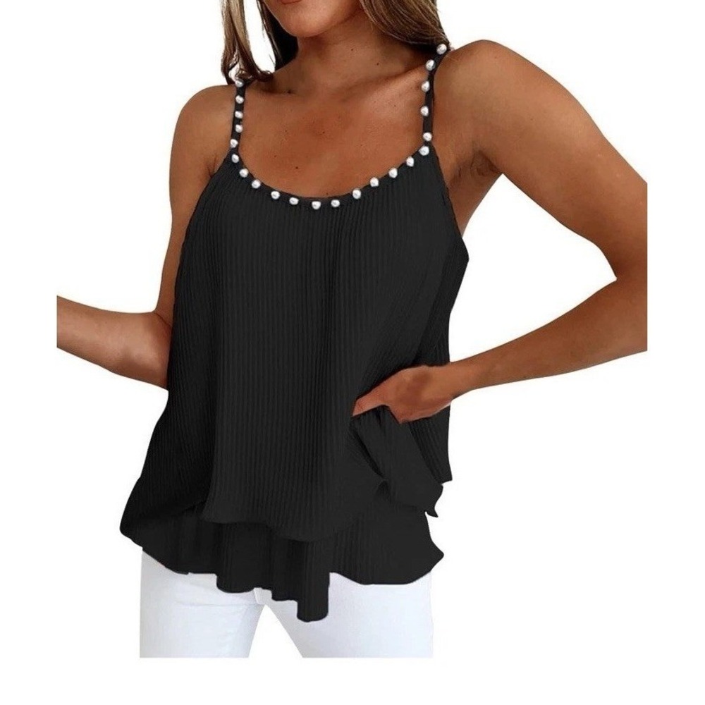 Unbranded Tank Top Women 2XL Black Like New Chiffon Pleated Faux Pearl Straps